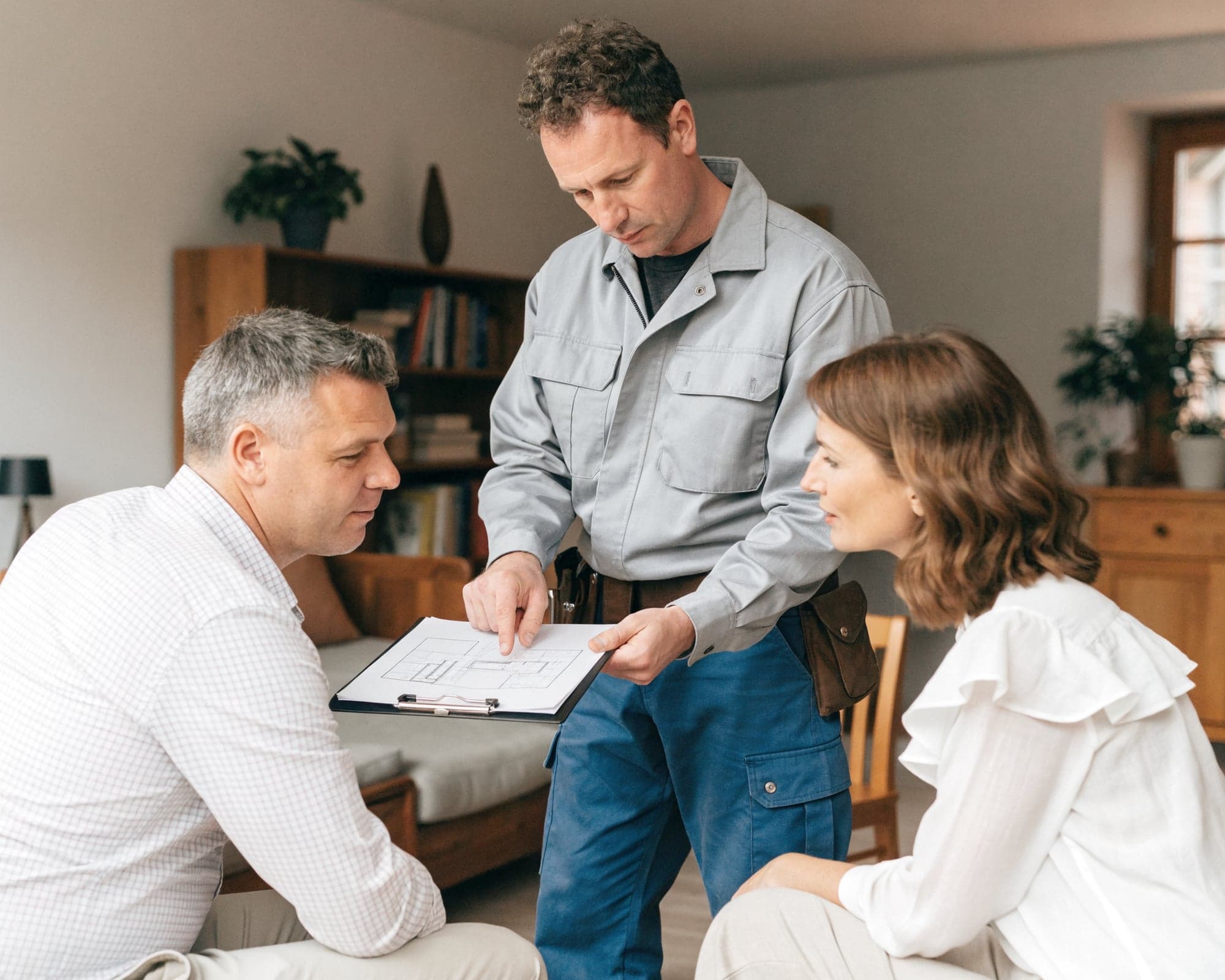Handwerker zeigt einem Ehepaar im Wohnzimmer den Plan auf seinem Klemmbrett