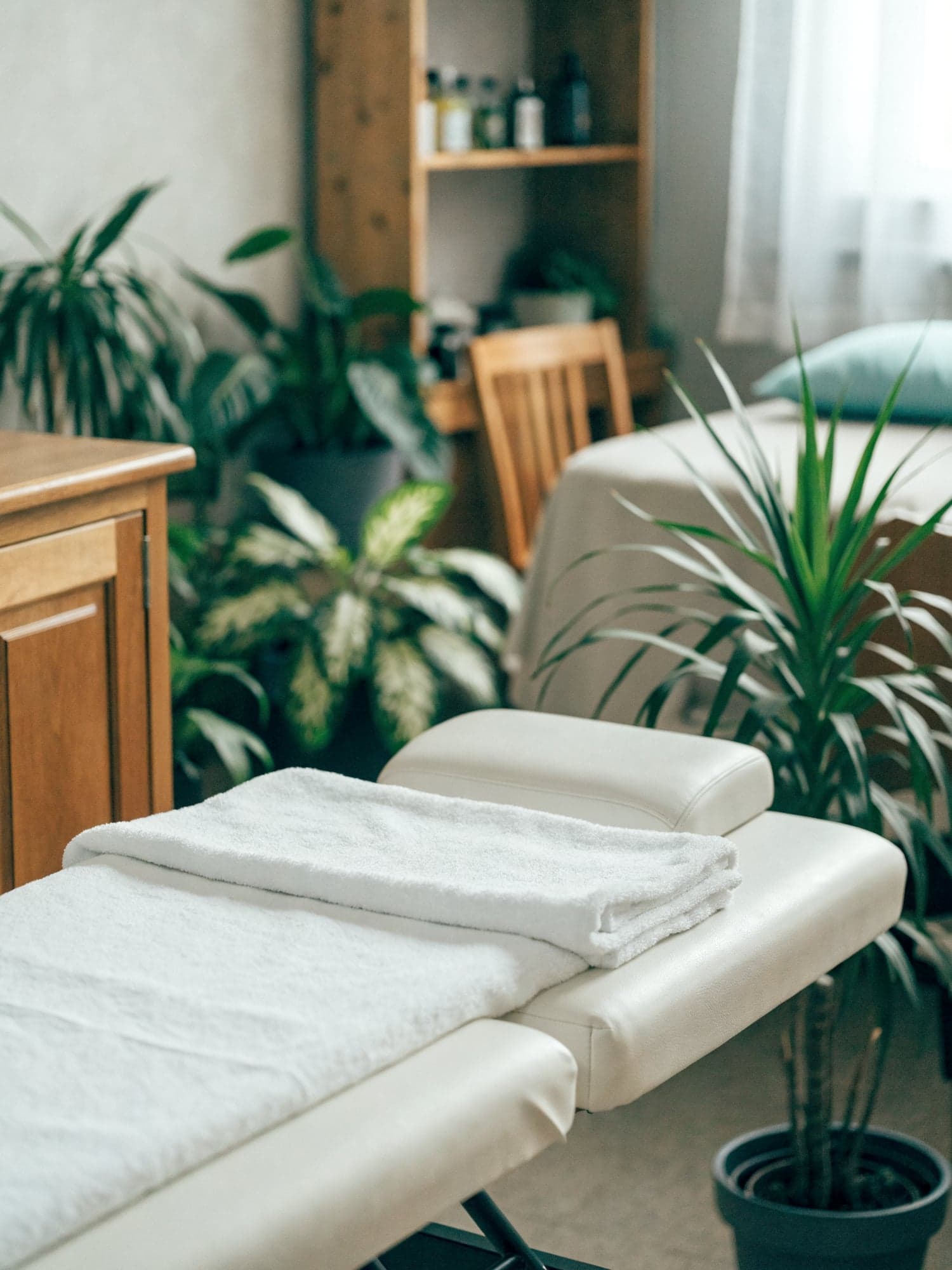 Ruhiger Behandlungsraum mit Therapieliege und Pflanzen